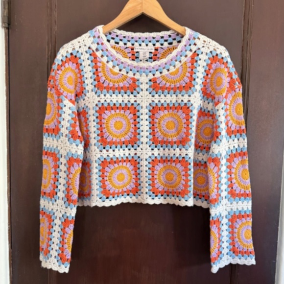 SINCERELY JULES WOMENS CROPPED LONG SLEEVE OPEN KNIT CROCHET SWEATER LARGE BOHO - Picture 1 of 5